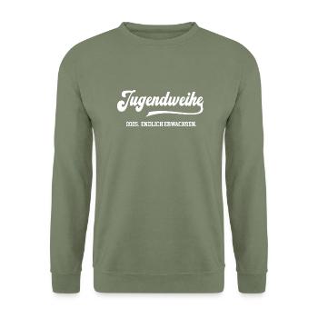 Jugendweihe 2025 Endlich Erwachsen Jugend Feier - Unisex Pullover - Armeegrün - Vorne - Alina (178cm) & Michal (187cm)