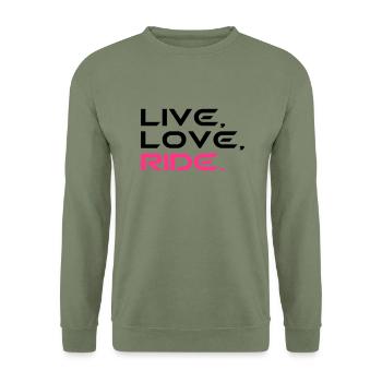 Pferde Live Love Ride Pferde Shirt - Unisex Pullover - Armeegrün - Vorne - Alina (178cm) & Michal (187cm)
