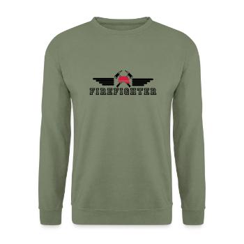 FIrefighter Logo mit Helm und Axt mit Wings - Unisex Pullover - Armeegrün - Vorne - Alina (178cm) & Michal (187cm)