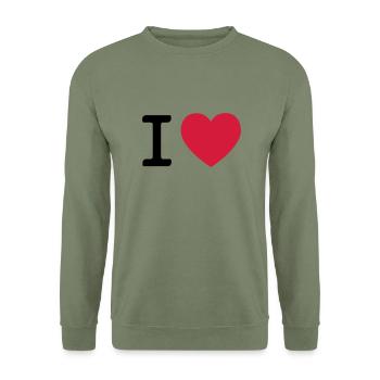 I LOVE Herz // Liebe // Valentinstag // Geburtstag - Unisex Pullover - Armeegrün - Vorne - Alina (178cm) & Michal (187cm)