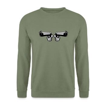 pistole revolver mit zwei waffen hand 0 - Sweat-shirt Unisexe - vert militaire - Devant - Alina (178cm) & Michal (187cm)