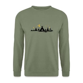 Freizeit - Camping Zelten Mond - Unisex Pullover - Armeegrün - Vorne - Alina (178cm) & Michal (187cm)