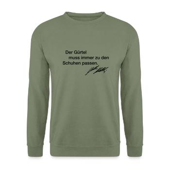 Lothar Matthäus Frauen T-Shirt "Der Gürtel" - Unisex Pullover - Armeegrün - Vorne - Alina (178cm) & Michal (187cm)