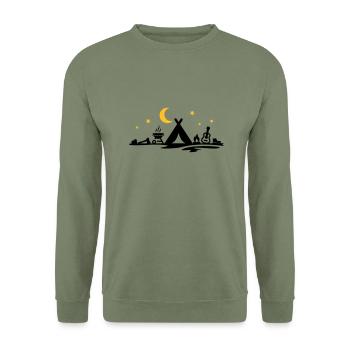 Freizeit - Camping Zelten Mond und Sterne - Unisex Pullover - Armeegrün - Vorne - Alina (178cm) & Michal (187cm)