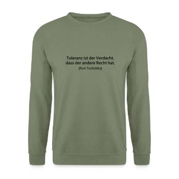 berühmtes Zitat Toleranz Recht / Kurt Tucholsky - Unisex Pullover - Armeegrün - Vorne - Alina (178cm) & Michal (187cm)