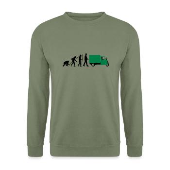 evolution_of_man_Piaggio Ape_092014_a_2c - Unisex Pullover - Armeegrün - Vorne - Alina (178cm) & Michal (187cm)