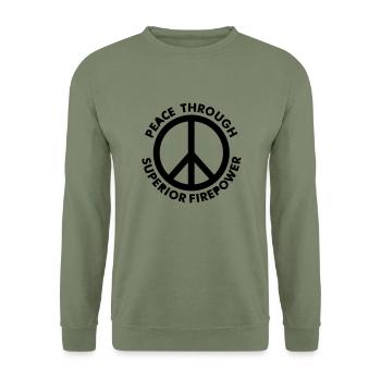 Peace Through Superior Firepower - PrintShirt.at - Unisex Pullover - Armeegrün - Vorne - Alina (178cm) & Michal (187cm)