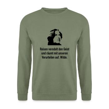 Wilde: Reisen veredelt den Geist und räumt mit un - Unisex Pullover - Armeegrün - Vorne - Alina (178cm) & Michal (187cm)