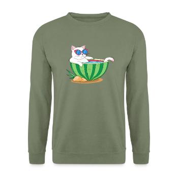 Cat and watermelon - Unisex Sweatshirt - army green - Front - Alina (178cm) & Michal (187cm)