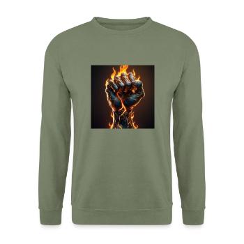 Poing d’or flamboyant – symbole de puissance et de résilience - Sweat-shirt Unisexe - vert militaire - Devant - Alina (178cm) & Michal (187cm)