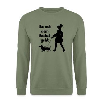 Dackel Hundebesitzerin Die mit dem Hund geht - Unisex Pullover - Armeegrün - Vorne - Alina (178cm) & Michal (187cm)