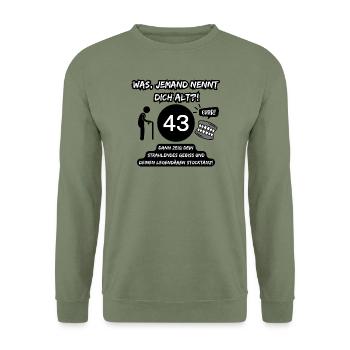 43 und legendär: Gebiss raus, Stocktanz an! - Unisex Pullover - Armeegrün - Vorne - Alina (178cm) & Michal (187cm)