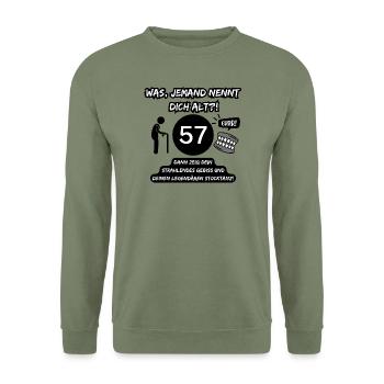 57 und legendär: Gebiss raus, Stocktanz an! - Unisex Pullover - Armeegrün - Vorne - Alina (178cm) & Michal (187cm)