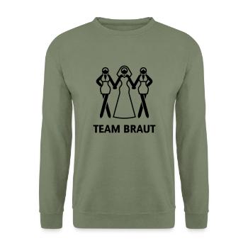Team Braut (Junggesellinnenabschied / JGA) - Unisex Pullover - Armeegrün - Vorne - Alina (178cm) & Michal (187cm)