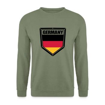text schild wappen form button 3 farben deutschlan - Unisex Pullover - Armeegrün - Vorne - Alina (178cm) & Michal (187cm)