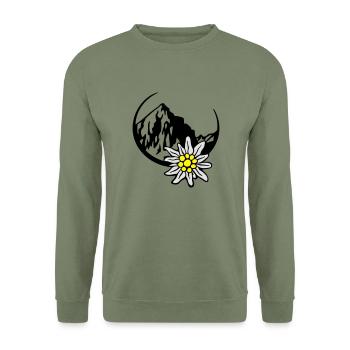 bergpanorama_mit_edelweiss_3c - Unisex Pullover - Armeegrün - Vorne - Alina (178cm) & Michal (187cm)