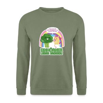 Einhörner lieben Brokkoli - Unisex Pullover - Armeegrün - Vorne - Alina (178cm) & Michal (187cm)