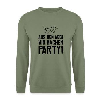 aus dem weg wir machen party - Unisex Pullover - Armeegrün - Vorne - Alina (178cm) & Michal (187cm)