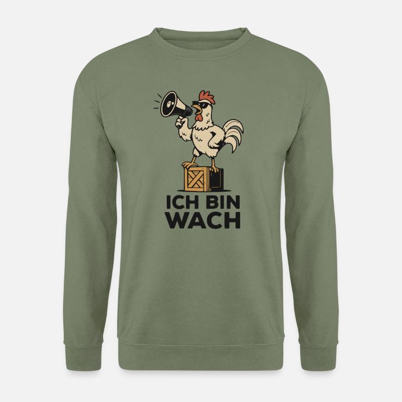 Ich bin wach – Lustiger Hahn mit Megafon - Unisex Pullover - Armeegrün