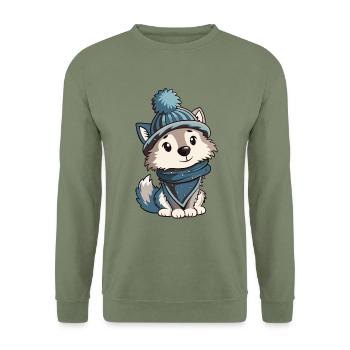 Niedlicher Wolf mit Schal und Pudelmütze. - Unisex Pullover - Armeegrün - Vorne - Alina (178cm) & Michal (187cm)