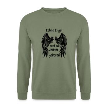 Engel Januar Geburtstag Geschenk Monat Flügel - Unisex Pullover - Armeegrün - Vorne - Alina (178cm) & Michal (187cm)