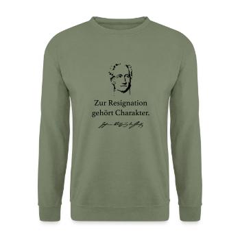 Goethe: Zur Resignation gehört Charakter. - Unisex Pullover - Armeegrün - Vorne - Alina (178cm) & Michal (187cm)