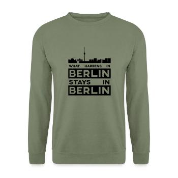 What Happens in Berlin Stays in Berlin - Unisex Sweatshirt - army green - Front - Alina (178cm) & Michal (187cm)