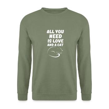 All you need is love and a cat - Unisex Pullover - Armeegrün - Vorne - Alina (178cm) & Michal (187cm)