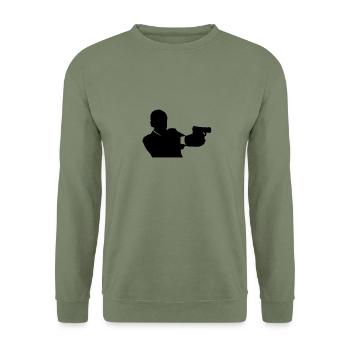 Mann mit Pistole Waffe Silhouette - Unisex Pullover - Armeegrün - Vorne - Alina (178cm) & Michal (187cm)