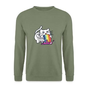 Regenbogen Katze - Unisex Pullover - Armeegrün - Vorne - Alina (178cm) & Michal (187cm)