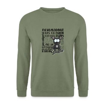 Je Suis Staffie Bleu Blanc - NoirFR - Sweat-shirt Unisexe - vert militaire - Devant - Alina (178cm) & Michal (187cm)