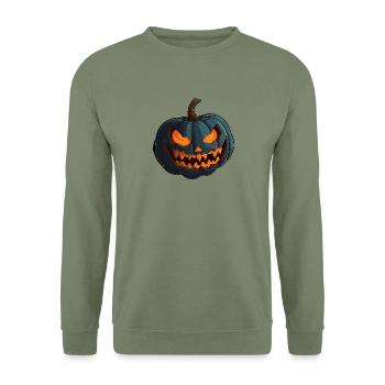 Kürbis mit gruseligen glühende Halloween Augen - Unisex Pullover - Armeegrün - Vorne - Alina (178cm) & Michal (187cm)