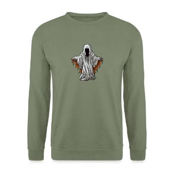 Schwebender gruseliger Halloween Horror Geist - Unisex Pullover - Armeegrün - Vorne - Alina (178cm) & Michal (187cm)