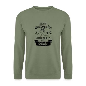 Tschüss Kindergarten, ich glitzer in der Schule - Unisex Pullover - Armeegrün - Vorne - Alina (178cm) & Michal (187cm)