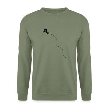Mountainbiker fährt bergauf mit kurviger Spurlinie - Unisex Pullover - Armeegrün - Vorne - Alina (178cm) & Michal (187cm)