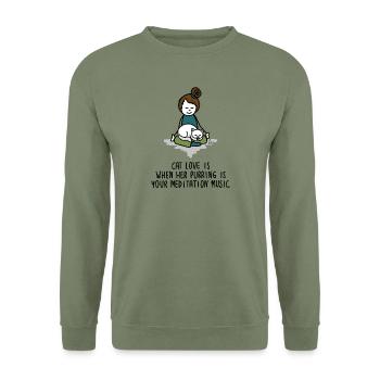 Cat love is purring meditation music - Yoga Katze - Unisex Sweatshirt - army green - Front - Alina (178cm) & Michal (187cm)