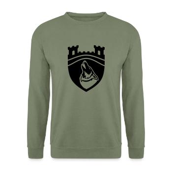 Wappen Wolfsburg modern heulender Wolf Turm - Unisex Pullover - Armeegrün - Vorne - Alina (178cm) & Michal (187cm)