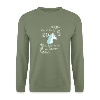 Geburtstag Ü30 Einhorn - Unisex Pullover - Armeegrün - Vorne - Alina (178cm) & Michal (187cm)