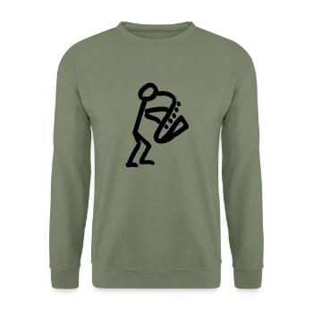 Musikant mit Saxophon - Unisex Pullover - Armeegrün - Vorne - Alina (178cm) & Michal (187cm)