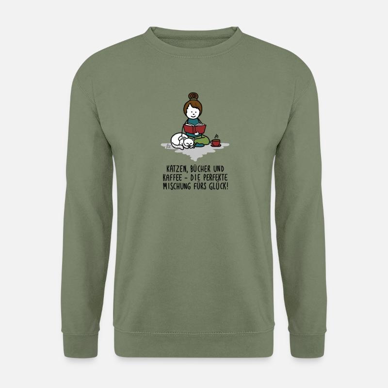 Katzen, Bücher & Kaffee – Glücksrezept - Unisex Pullover - Armeegrün