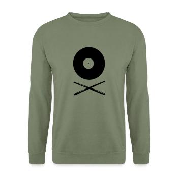 Vinyl Schallplatte mit Drumsticks - Unisex Pullover - Armeegrün - Vorne - Alina (178cm) & Michal (187cm)