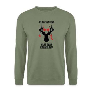 Platzhirsch gibt sein Revier auf Hirschgeweih - Unisex Pullover - Armeegrün - Vorne - Alina (178cm) & Michal (187cm)