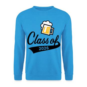 Class Of 2026 (Abschlussklasse / Bier / 3C POS) - Unisex Pullover - Meeresblau - Vorne - Alina (178cm) & Michal (187cm)