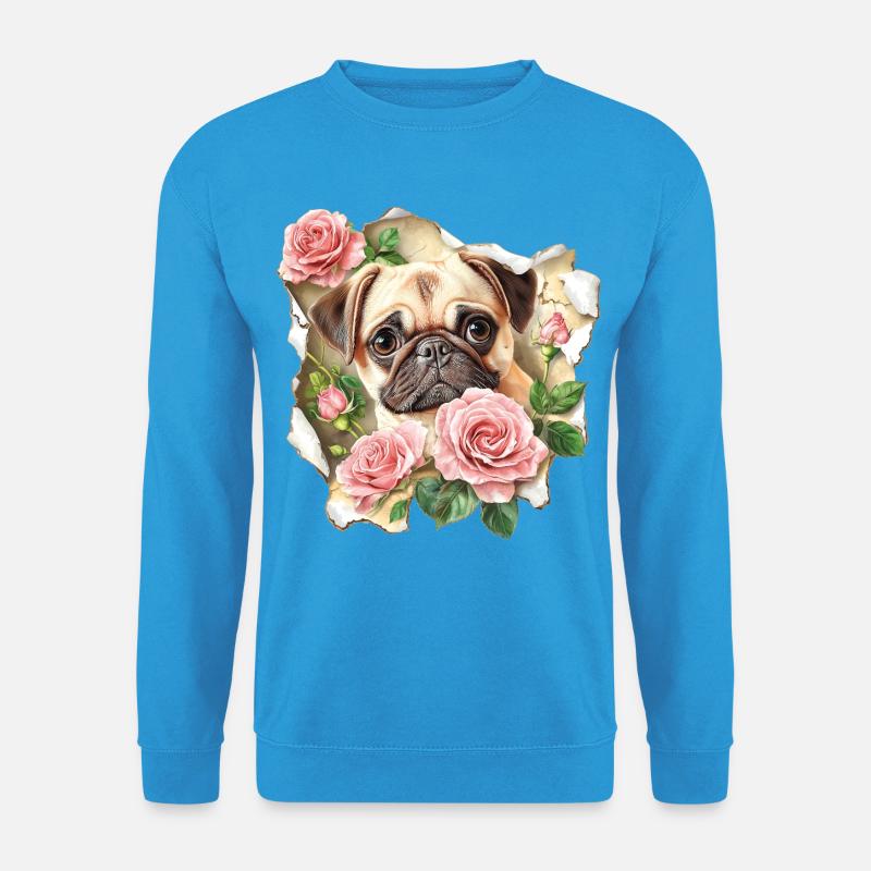 Mops mit Rosen - Unisex Pullover - Meeresblau