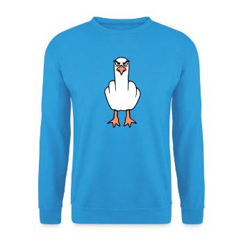 Möwe Mittelfinger Beleidigung Stinkefinger frech - Unisex Pullover - Meeresblau - Vorne - Alina (178cm) & Michal (187cm)