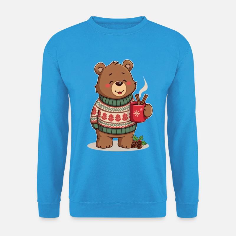 Winterbär mit Tee und Zimtstangen - Unisex Pullover - Meeresblau