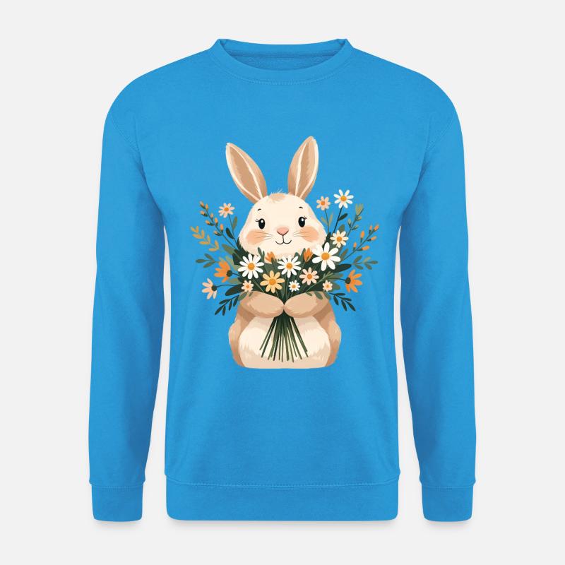 Hase mit Frühlingsblumenstrauß - Unisex Pullover - Meeresblau