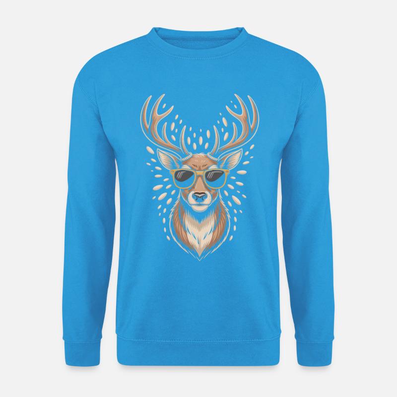 Hirsch mit Geweih und Sonnenbrille - Unisex Pullover - Meeresblau