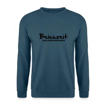beisszeit_welsbaendiger - Unisex Pullover - Meeresblau - Vorne - Alina (178cm) & Michal (187cm)