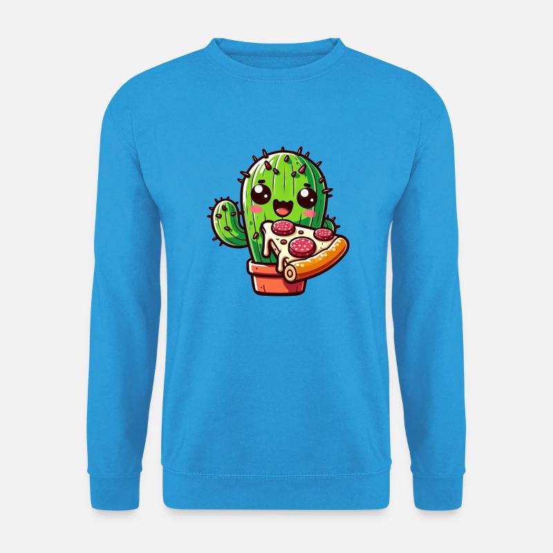 Kawaii Kaktus mit Pizza, Comic-Stil - Unisex Pullover - Meeresblau